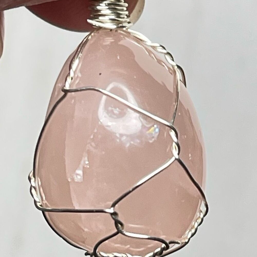 Rose Quartz wire cage tumble pendant necklace silver plated pink